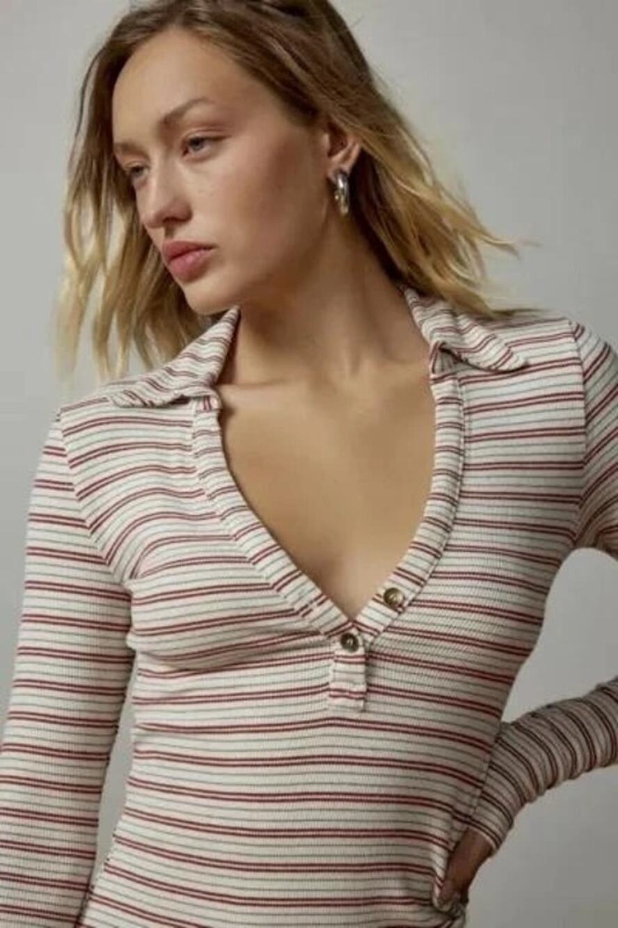 NWOT BDG Urban Outfitters Taylor Polo Top Ivory Red and Grey Stripes Size Small